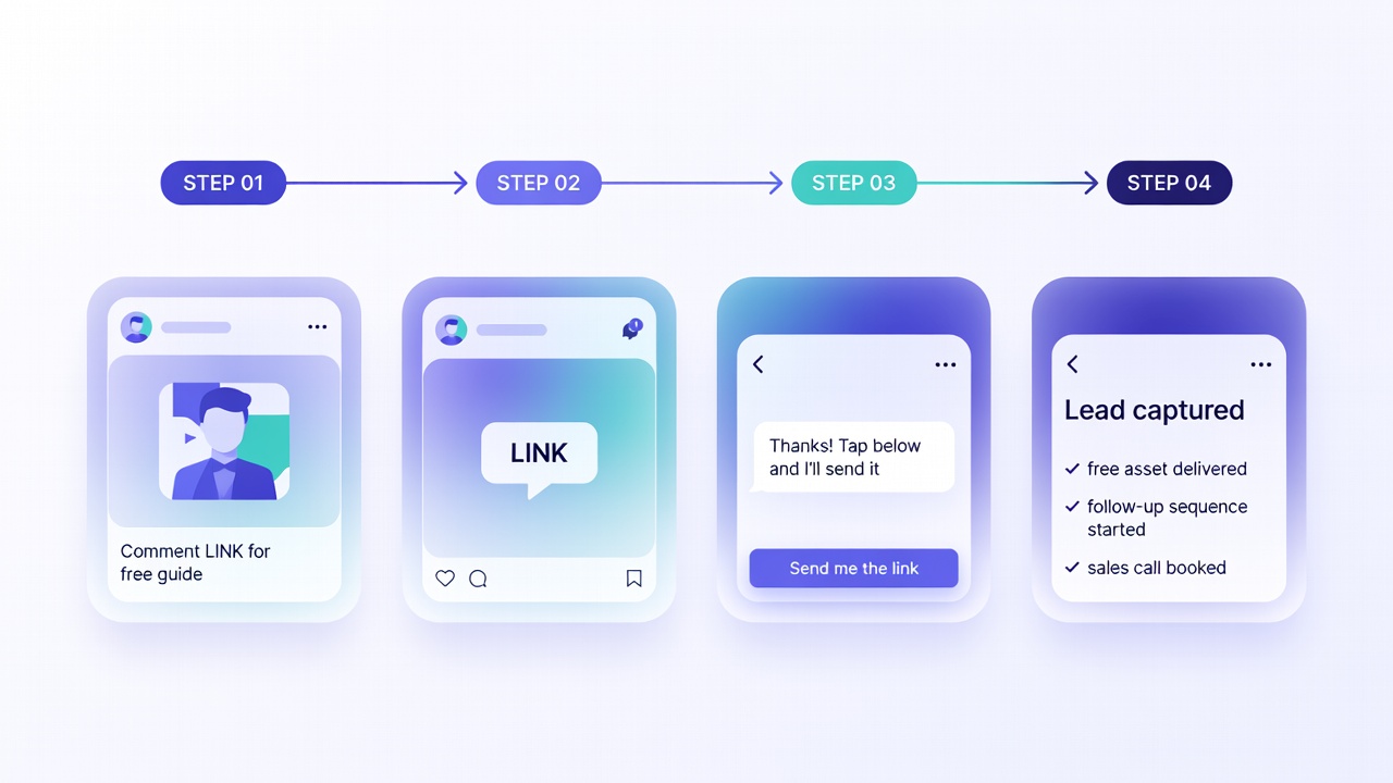 Four-step Buyer Loop: post, comment LINK, auto DM, lead captured