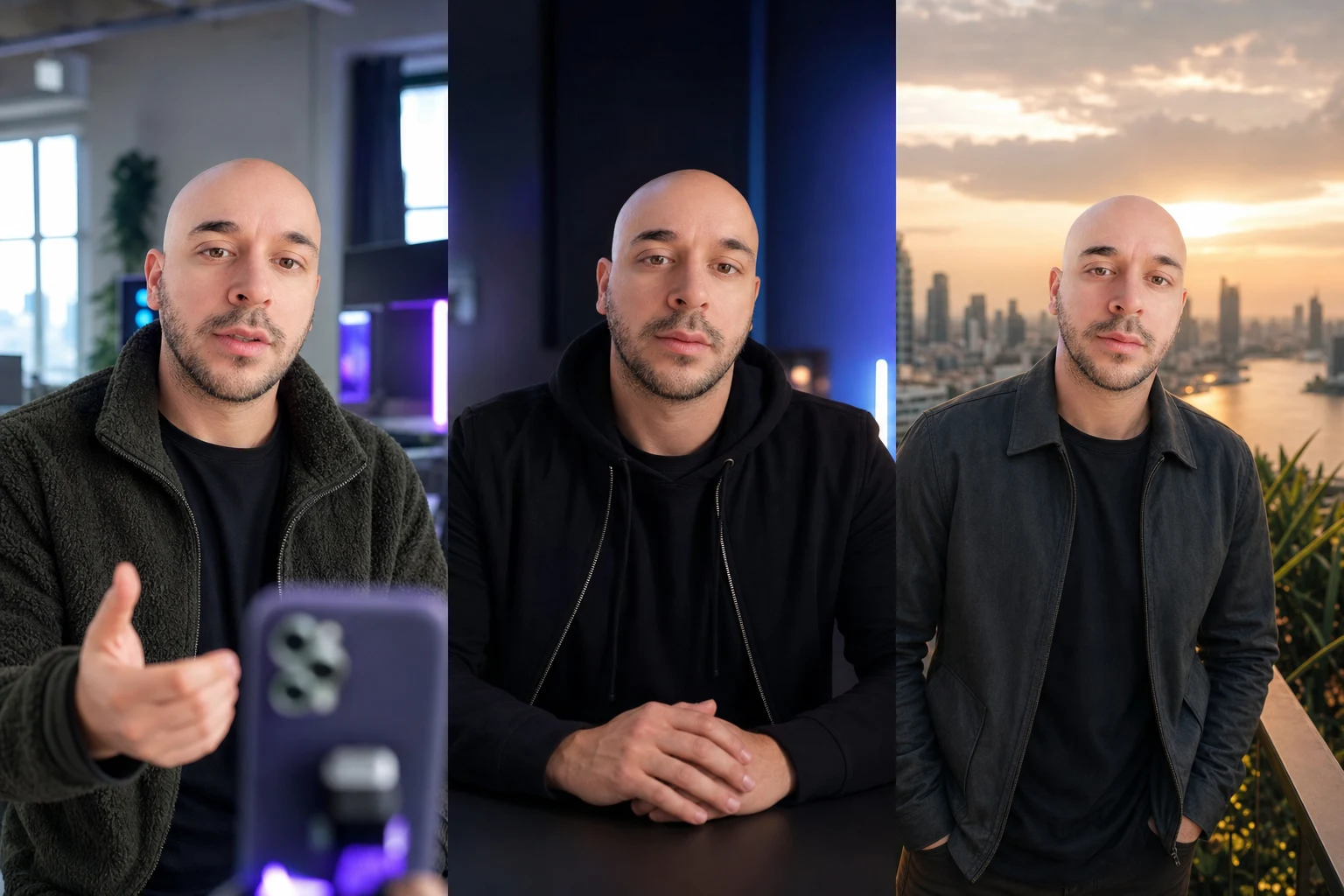 Jonny West AI twin staying consistent across three content scenes