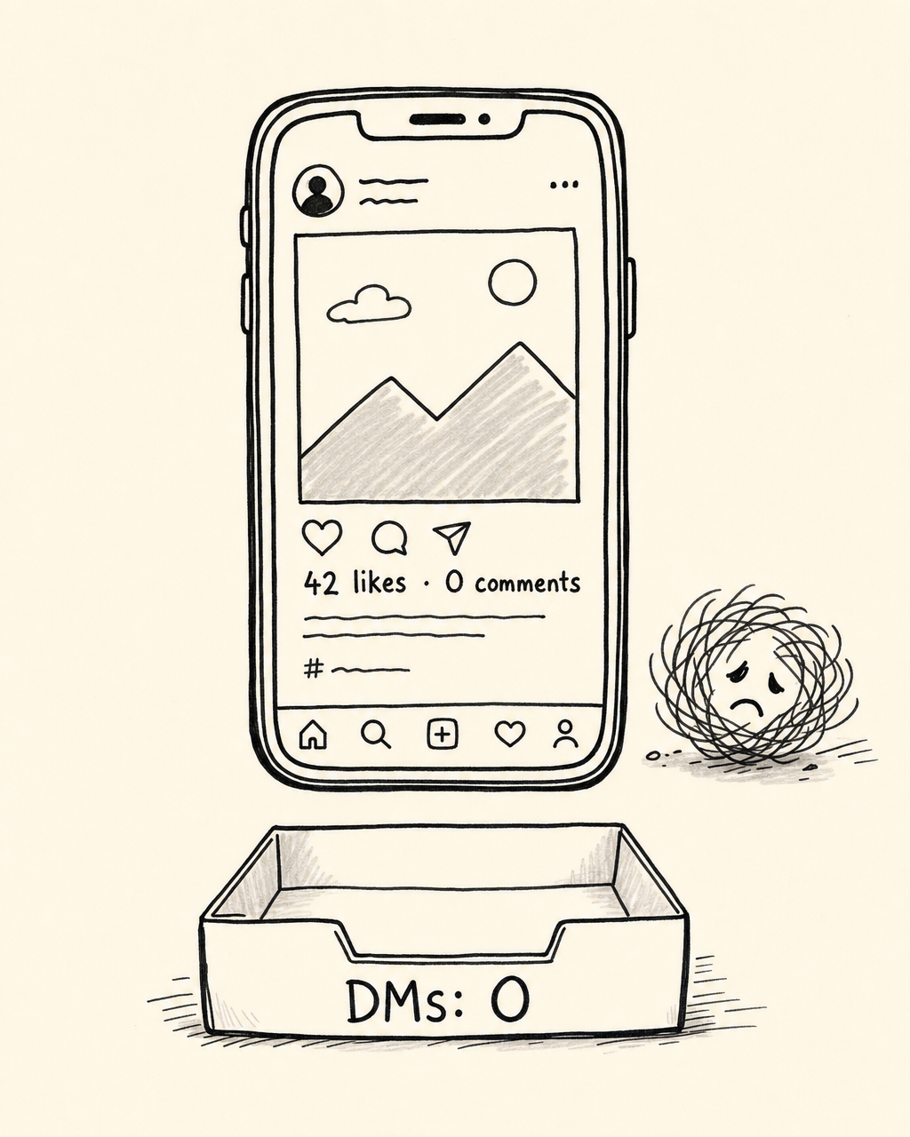 Before: 42 likes, 0 comments, 0 DMs